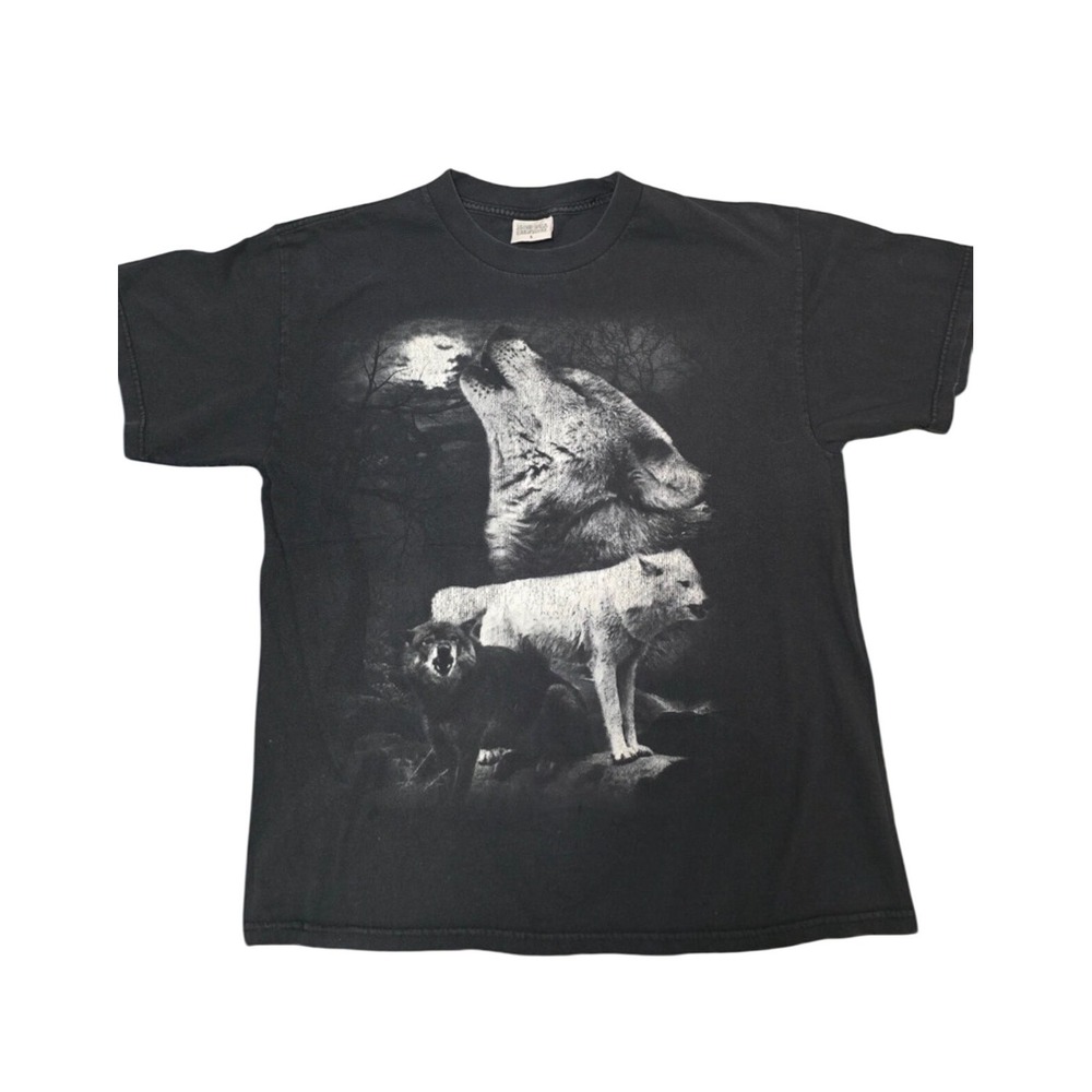 Gildan Wolf Howling at Moon Graphic T-Shirt Black Cotton Unisex